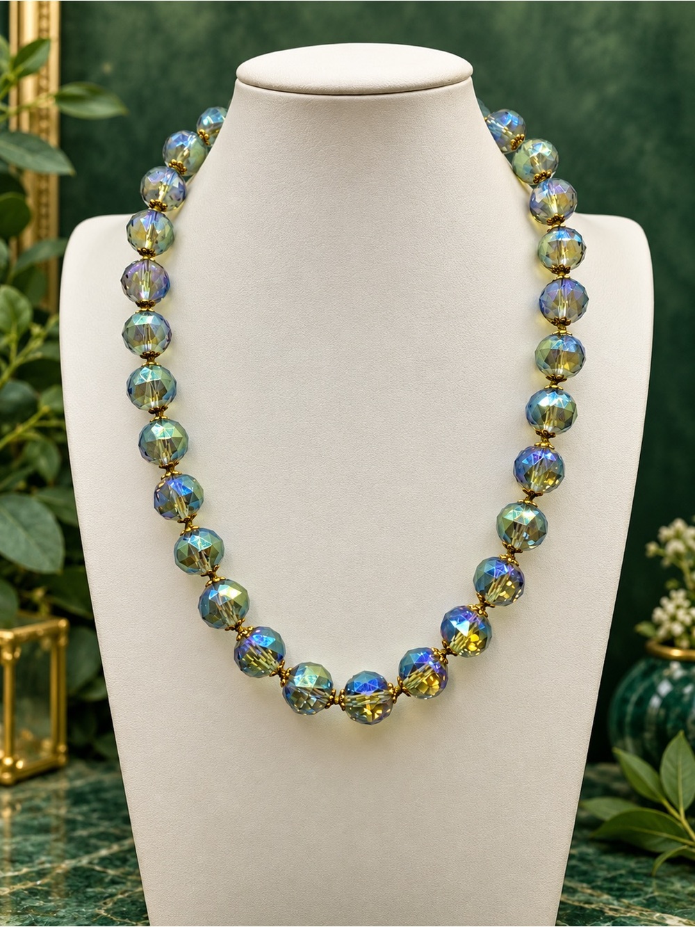 Iridescent Blue-Green Faceted Glass Necklace hand knotted Aprilsplace you pick